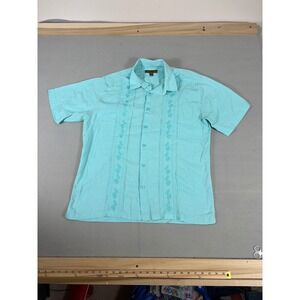 Mondo Uomo Mens XL Guayabera Shirt Teal Blue Linen Blend Embroider Short Sleeve